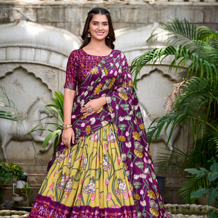 Lorenvalley Yellow Tussar Silk Pichwai With Patola Print And Zari Weaving Border Lehenga Choli with Dupatta