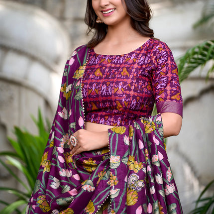 Lorenvalley Yellow Tussar Silk Pichwai With Patola Print And Zari Weaving Border Lehenga Choli with Dupatta