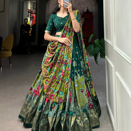 Lorenvalley Green Tussar Silk Kalamkari Print with Foil Work Border Lehenga Choli with Dupatta