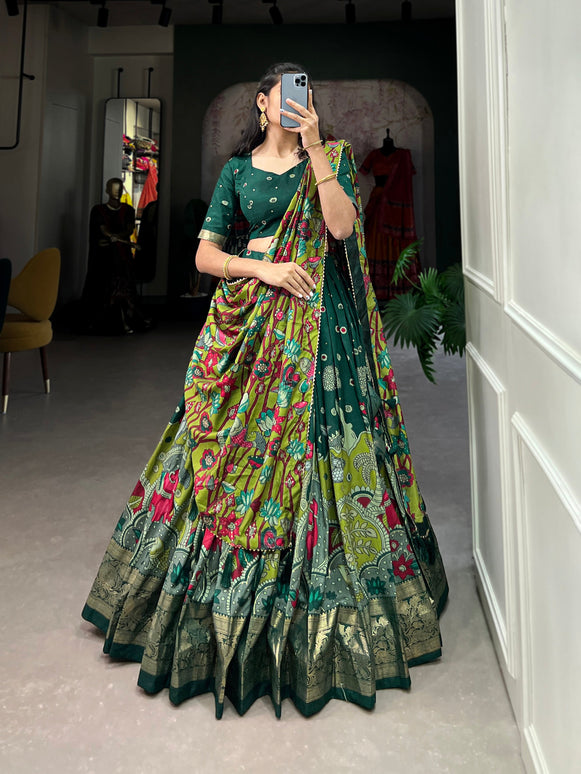 Lorenvalley Green Tussar Silk Kalamkari Print with Foil Work Border Lehenga Choli with Dupatta