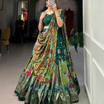 Lorenvalley Green Tussar Silk Kalamkari Print with Foil Work Border Lehenga Choli with Dupatta