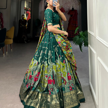Lorenvalley Green Tussar Silk Kalamkari Print with Foil Work Border Lehenga Choli with Dupatta