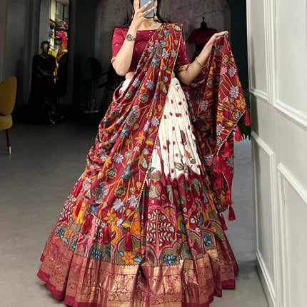 Lorenvalley Off White Tussar Silk Kalamkari Print with Foil Work Border Lehenga Choli with Dupatta