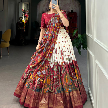 Lorenvalley Off White Tussar Silk Kalamkari Print with Foil Work Border Lehenga Choli with Dupatta