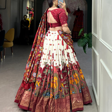 Lorenvalley Off White Tussar Silk Kalamkari Print with Foil Work Border Lehenga Choli with Dupatta