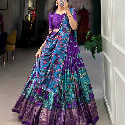 Lorenvalley Purple Tussar Silk Kalamkari Print with Foil Work Border Lehenga Choli with Dupatta