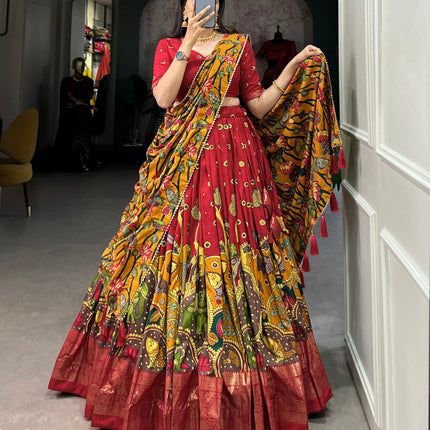 Lorenvalley Red Tussar Silk Kalamkari Print with Foil Work Border Lehenga Choli with Dupatta