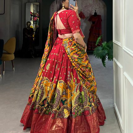 Lorenvalley Red Tussar Silk Kalamkari Print with Foil Work Border Lehenga Choli with Dupatta