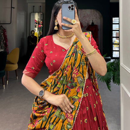 Lorenvalley Red Tussar Silk Kalamkari Print with Foil Work Border Lehenga Choli with Dupatta