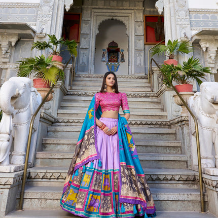 Lorenvalley Lavender Tussar Silk Kalamkari With Foil Work Lehenga Choli with Dupatta