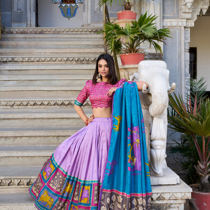 Lorenvalley Lavender Tussar Silk Kalamkari With Foil Work Lehenga Choli with Dupatta
