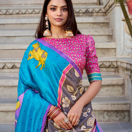 Lorenvalley Lavender Tussar Silk Kalamkari With Foil Work Lehenga Choli with Dupatta