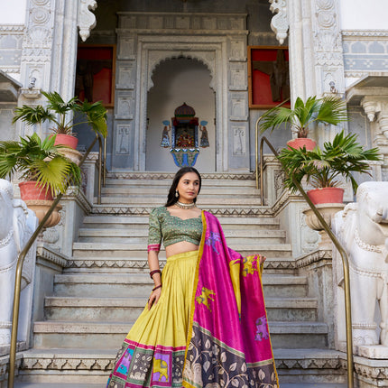 Lorenvalley Mustard Tussar Silk Kalamkari With Foil Work Lehenga Choli with Dupatta