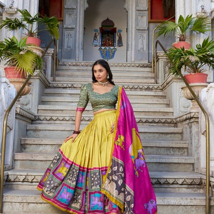 Lorenvalley Mustard Tussar Silk Kalamkari With Foil Work Lehenga Choli with Dupatta