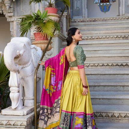 Lorenvalley Mustard Tussar Silk Kalamkari With Foil Work Lehenga Choli with Dupatta