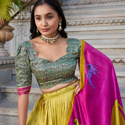 Lorenvalley Mustard Tussar Silk Kalamkari With Foil Work Lehenga Choli with Dupatta