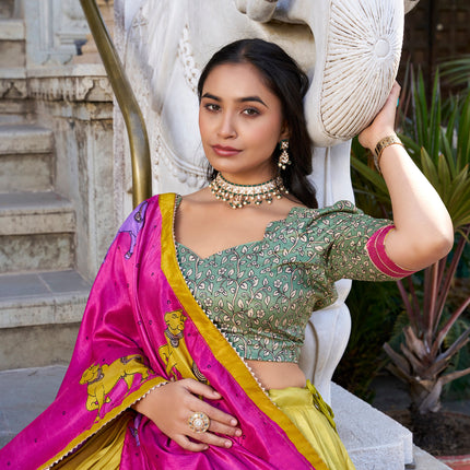 Lorenvalley Mustard Tussar Silk Kalamkari With Foil Work Lehenga Choli with Dupatta