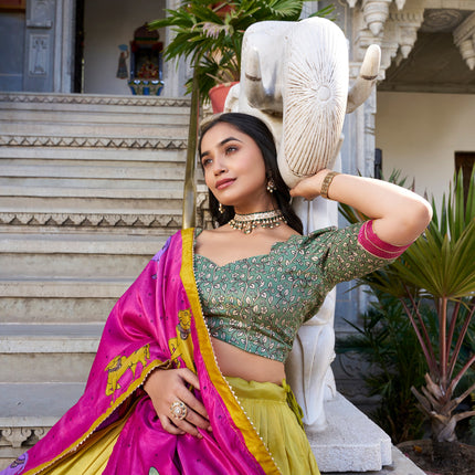 Lorenvalley Mustard Tussar Silk Kalamkari With Foil Work Lehenga Choli with Dupatta