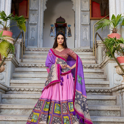 Lorenvalley Peach Tussar Silk Kalamkari With Foil Work Lehenga Choli with Dupatta