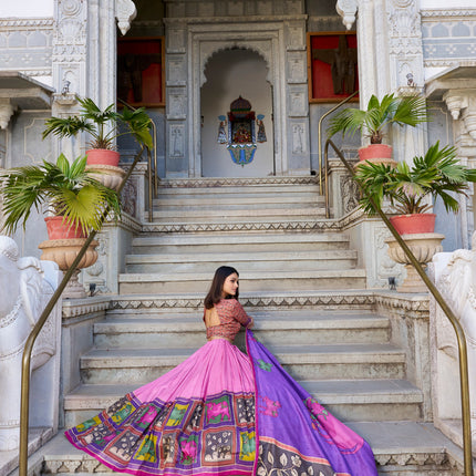 Lorenvalley Peach Tussar Silk Kalamkari With Foil Work Lehenga Choli with Dupatta