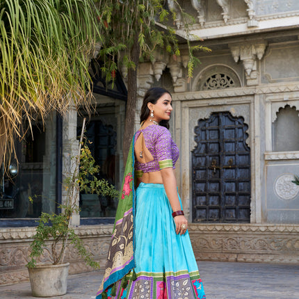 Lorenvalley Seagreen Tussar Silk Kalamkari With Foil Work Lehenga Choli with Dupatta