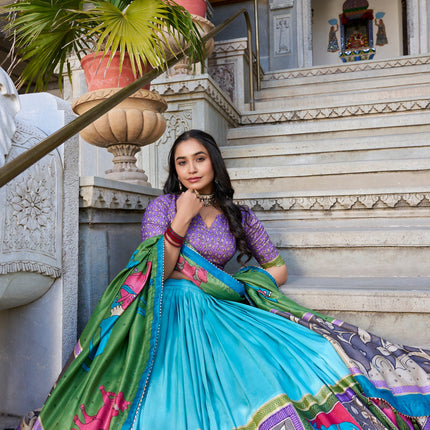 Lorenvalley Seagreen Tussar Silk Kalamkari With Foil Work Lehenga Choli with Dupatta