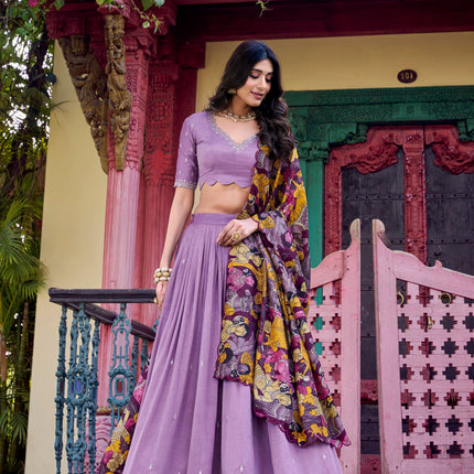 Lorenvalley Lavender Vichitra Silk Sequins and Thread Embroidery Work with Kalamkari Print Border Lehenga Choli with Dupatta