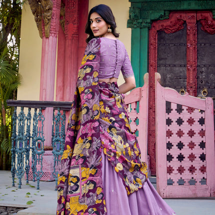 Lorenvalley Lavender Vichitra Silk Sequins and Thread Embroidery Work with Kalamkari Print Border Lehenga Choli with Dupatta