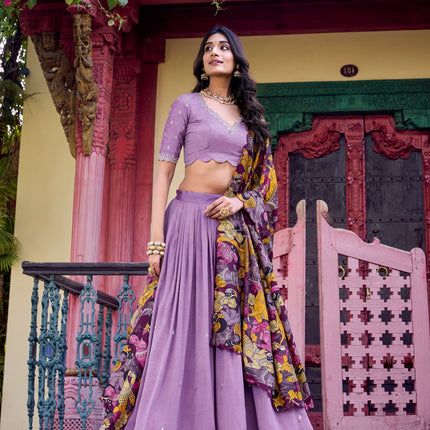 Lorenvalley Lavender Vichitra Silk Sequins and Thread Embroidery Work with Kalamkari Print Border Lehenga Choli with Dupatta