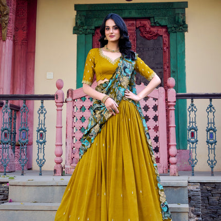 Lorenvalley Mustard Vichitra Silk Sequins and Thread Embroidery Work with Kalamkari Print Border Lehenga Choli with Dupatta