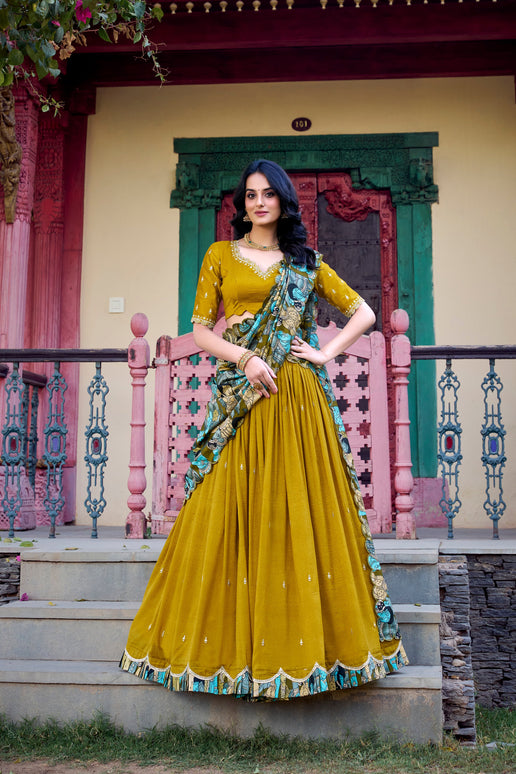 Lorenvalley Mustard Vichitra Silk Sequins and Thread Embroidery Work with Kalamkari Print Border Lehenga Choli with Dupatta