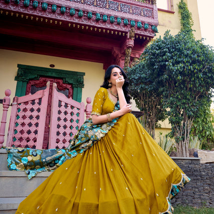 Lorenvalley Mustard Vichitra Silk Sequins and Thread Embroidery Work with Kalamkari Print Border Lehenga Choli with Dupatta