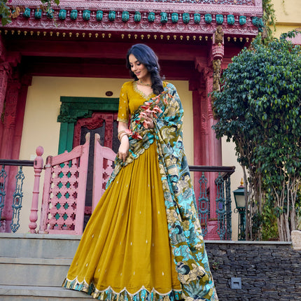 Lorenvalley Mustard Vichitra Silk Sequins and Thread Embroidery Work with Kalamkari Print Border Lehenga Choli with Dupatta