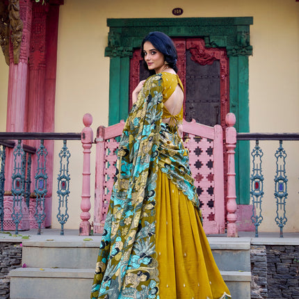 Lorenvalley Mustard Vichitra Silk Sequins and Thread Embroidery Work with Kalamkari Print Border Lehenga Choli with Dupatta