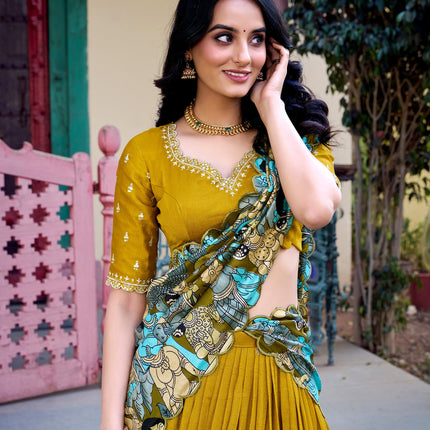Lorenvalley Mustard Vichitra Silk Sequins and Thread Embroidery Work with Kalamkari Print Border Lehenga Choli with Dupatta