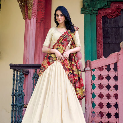 Lorenvalley Off White Vichitra Silk Sequins and Thread Embroidery Work with Kalamkari Print Border Lehenga Choli with Dupatta