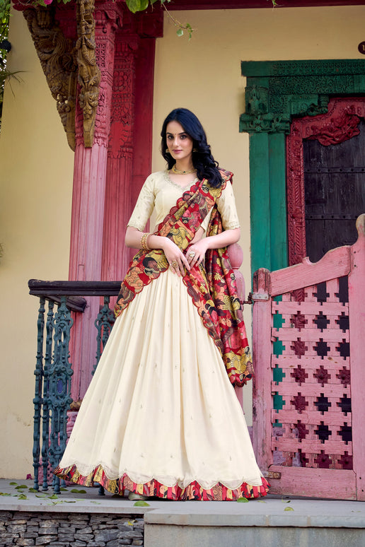 Lorenvalley Off White Vichitra Silk Sequins and Thread Embroidery Work with Kalamkari Print Border Lehenga Choli with Dupatta