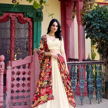 Lorenvalley Off White Vichitra Silk Sequins and Thread Embroidery Work with Kalamkari Print Border Lehenga Choli with Dupatta