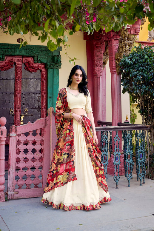Lorenvalley Off White Vichitra Silk Sequins and Thread Embroidery Work with Kalamkari Print Border Lehenga Choli with Dupatta