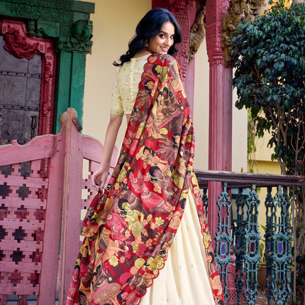 Lorenvalley Off White Vichitra Silk Sequins and Thread Embroidery Work with Kalamkari Print Border Lehenga Choli with Dupatta