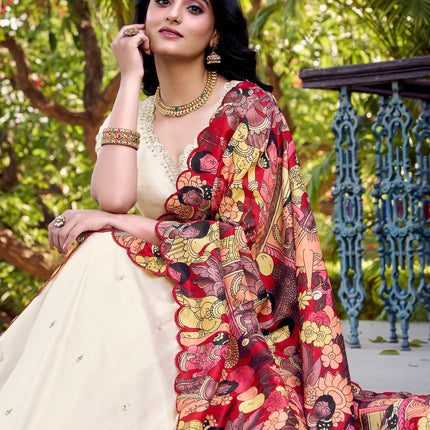 Lorenvalley Off White Vichitra Silk Sequins and Thread Embroidery Work with Kalamkari Print Border Lehenga Choli with Dupatta