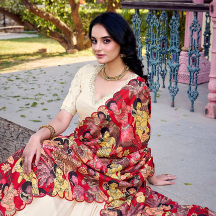 Lorenvalley Off White Vichitra Silk Sequins and Thread Embroidery Work with Kalamkari Print Border Lehenga Choli with Dupatta