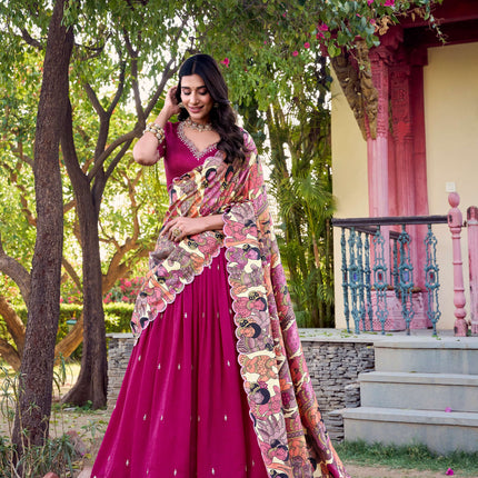 Lorenvalley Pink Vichitra Silk Sequins and Thread Embroidery Work with Kalamkari Print Border Lehenga Choli with Dupatta