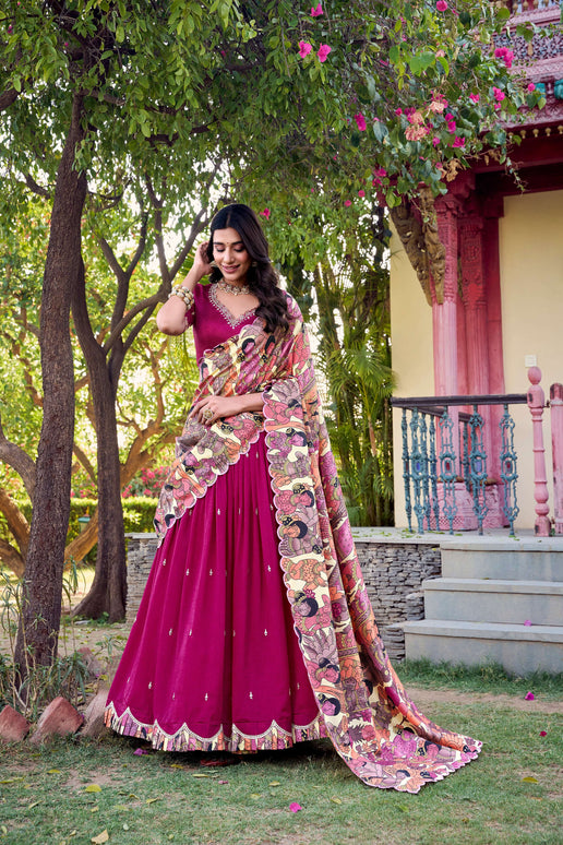Lorenvalley Pink Vichitra Silk Sequins and Thread Embroidery Work with Kalamkari Print Border Lehenga Choli with Dupatta