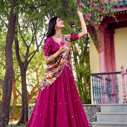 Lorenvalley Pink Vichitra Silk Sequins and Thread Embroidery Work with Kalamkari Print Border Lehenga Choli with Dupatta