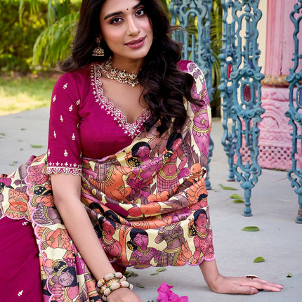 Lorenvalley Pink Vichitra Silk Sequins and Thread Embroidery Work with Kalamkari Print Border Lehenga Choli with Dupatta