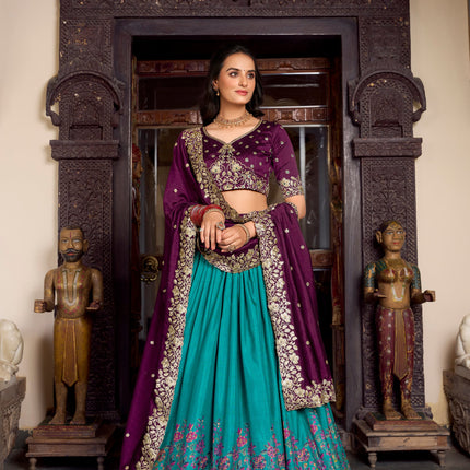 Lorenvalley Firozi Tussar Silk Printed With Foil Work Lehenga Choli with Dupatta