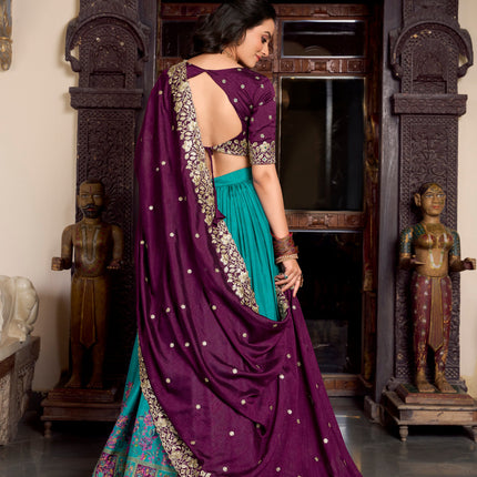 Lorenvalley Firozi Tussar Silk Printed With Foil Work Lehenga Choli with Dupatta