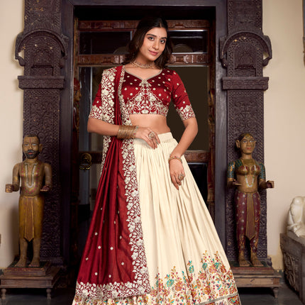 Lorenvalley Off White Tussar Silk Printed With Foil Work Lehenga Choli with Dupatta