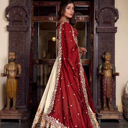 Lorenvalley Off White Tussar Silk Printed With Foil Work Lehenga Choli with Dupatta